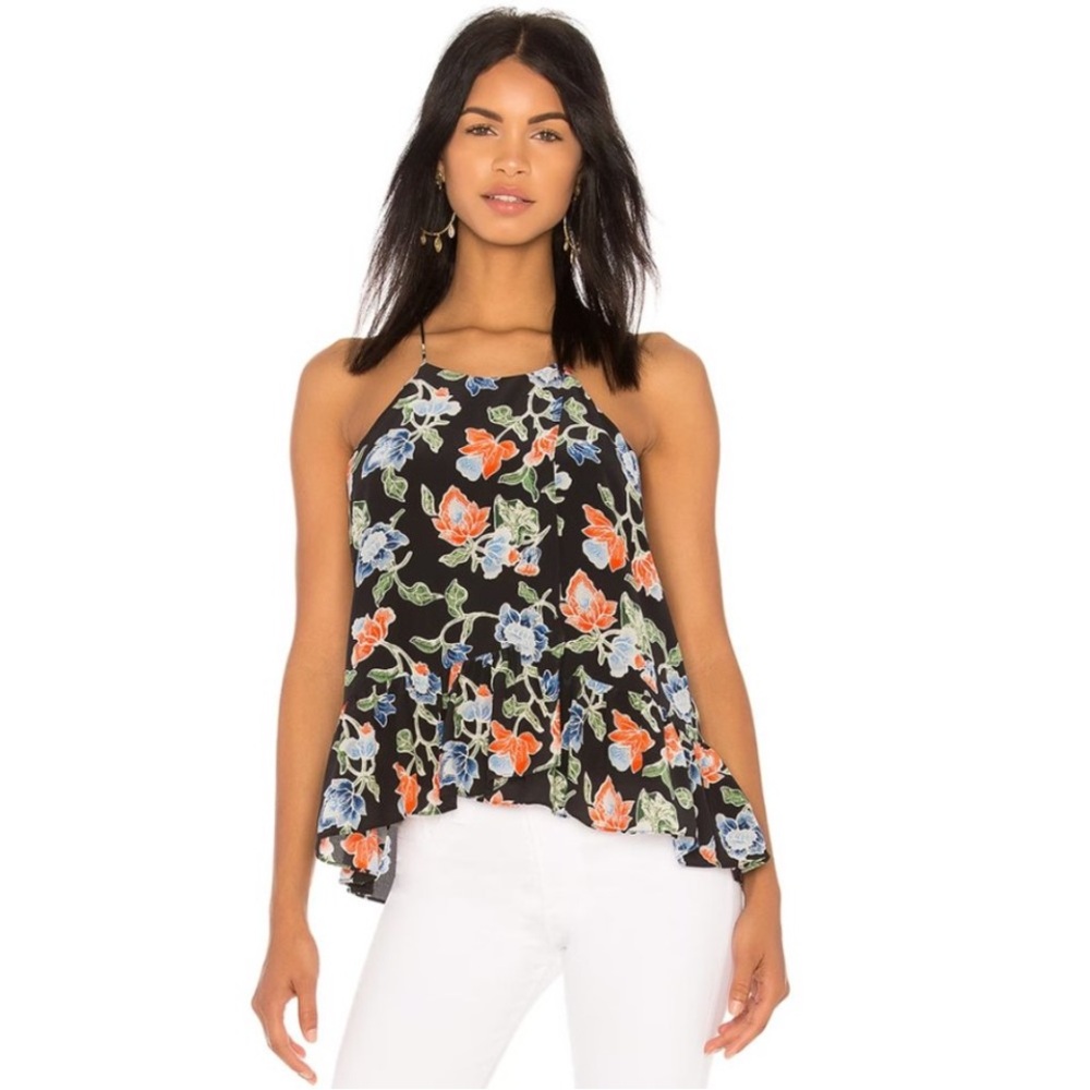 Joie Derwen silk camisole top ruffle Floral Black Sleeveless M cruise dinner